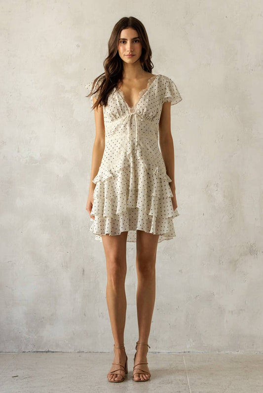 JD7934B-1- POLKA DOT LACE TRIM TIERED MINI DRESS