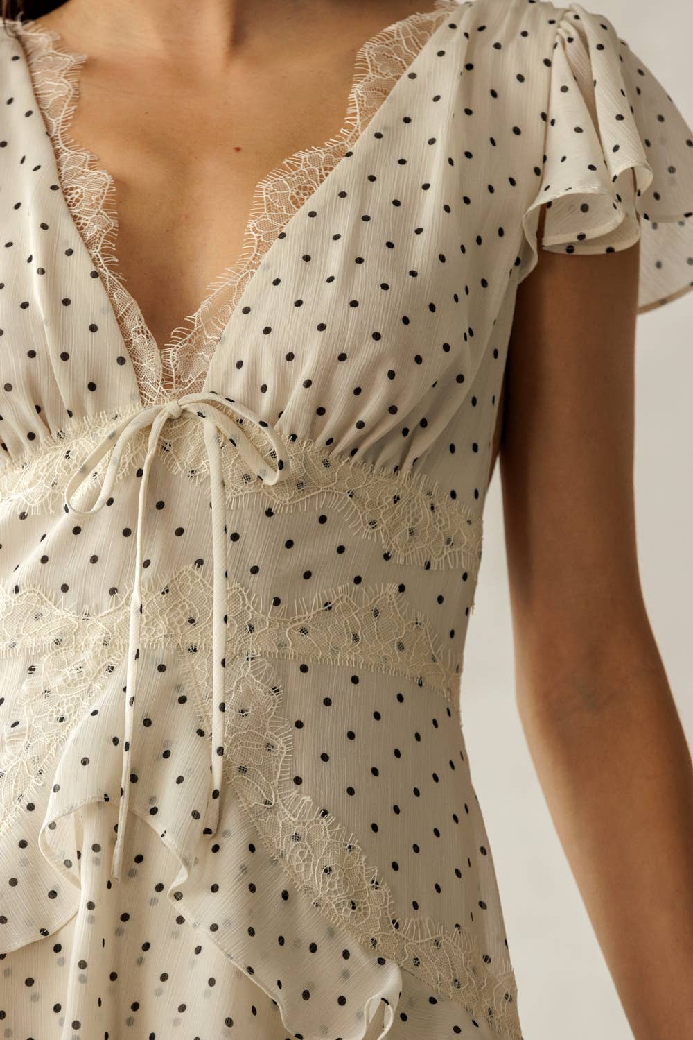 JD7934B-1- POLKA DOT LACE TRIM TIERED MINI DRESS