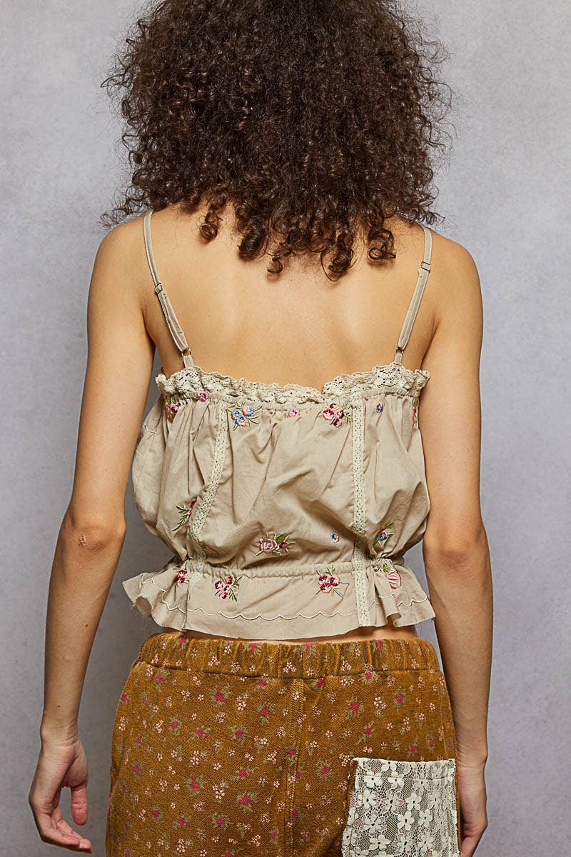 Sleeveless Embroidered Trim Solid Poplin Top