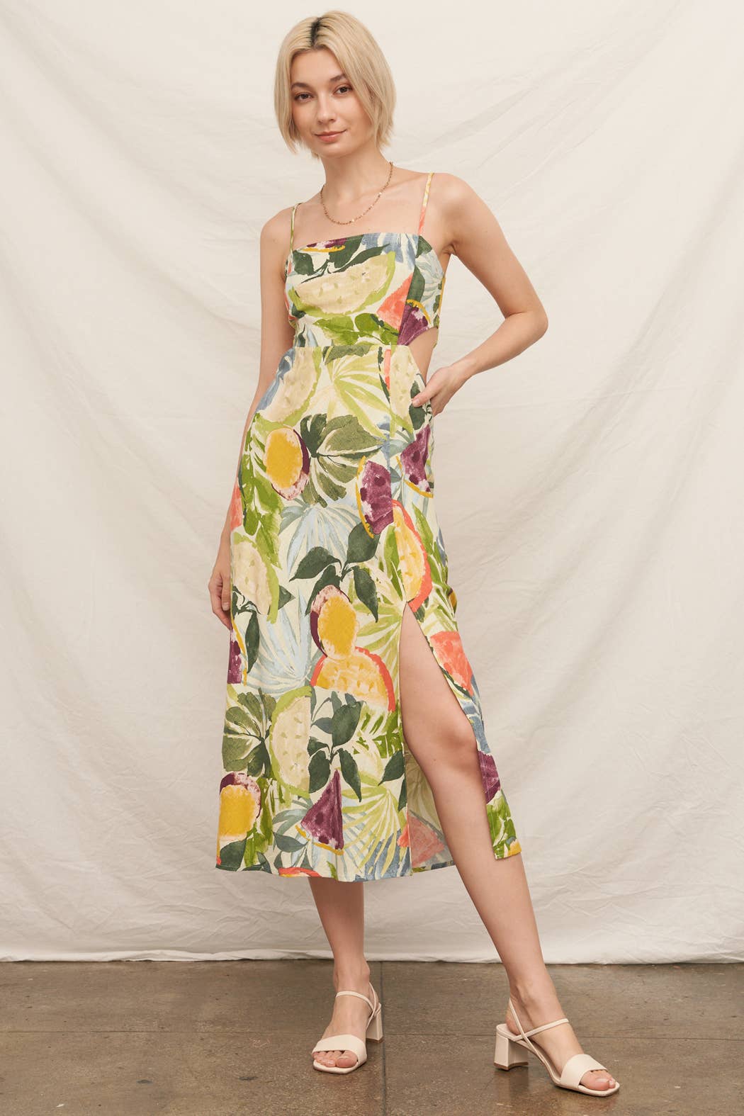 Tropical Fruit Print Sleeveless Midi Dress with Tie-Back