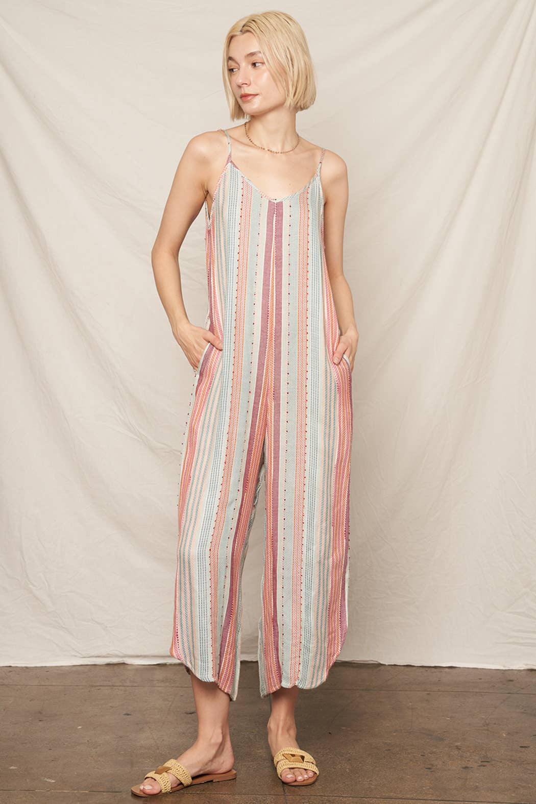 Multi Color Stripe Textured Sleeveless Jumpsuit