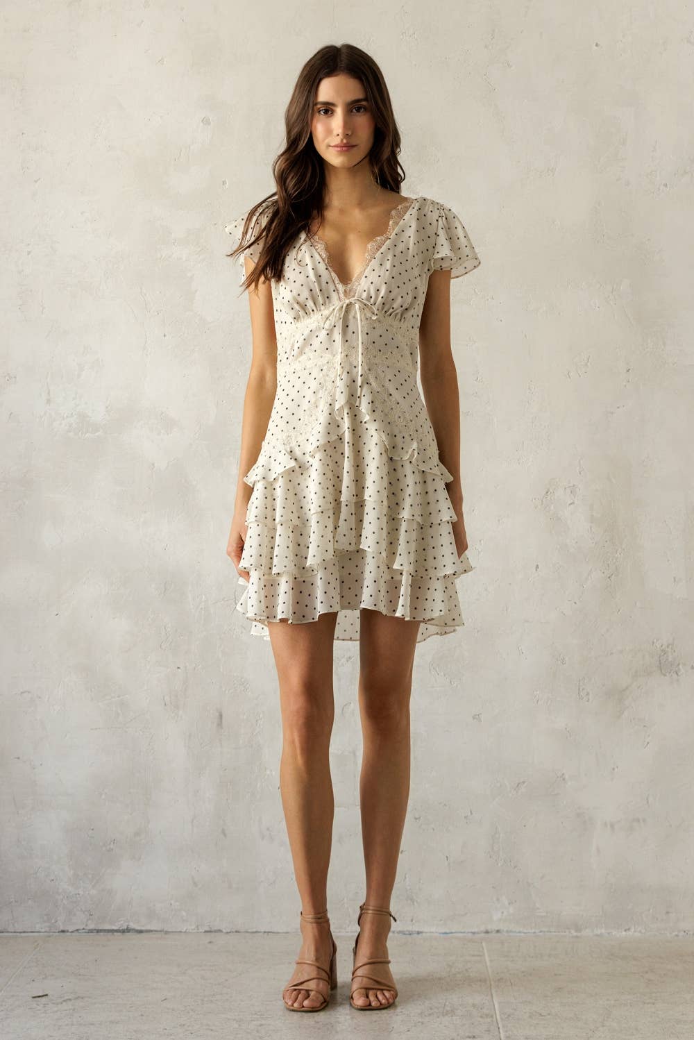 JD7934B-1- POLKA DOT LACE TRIM TIERED MINI DRESS