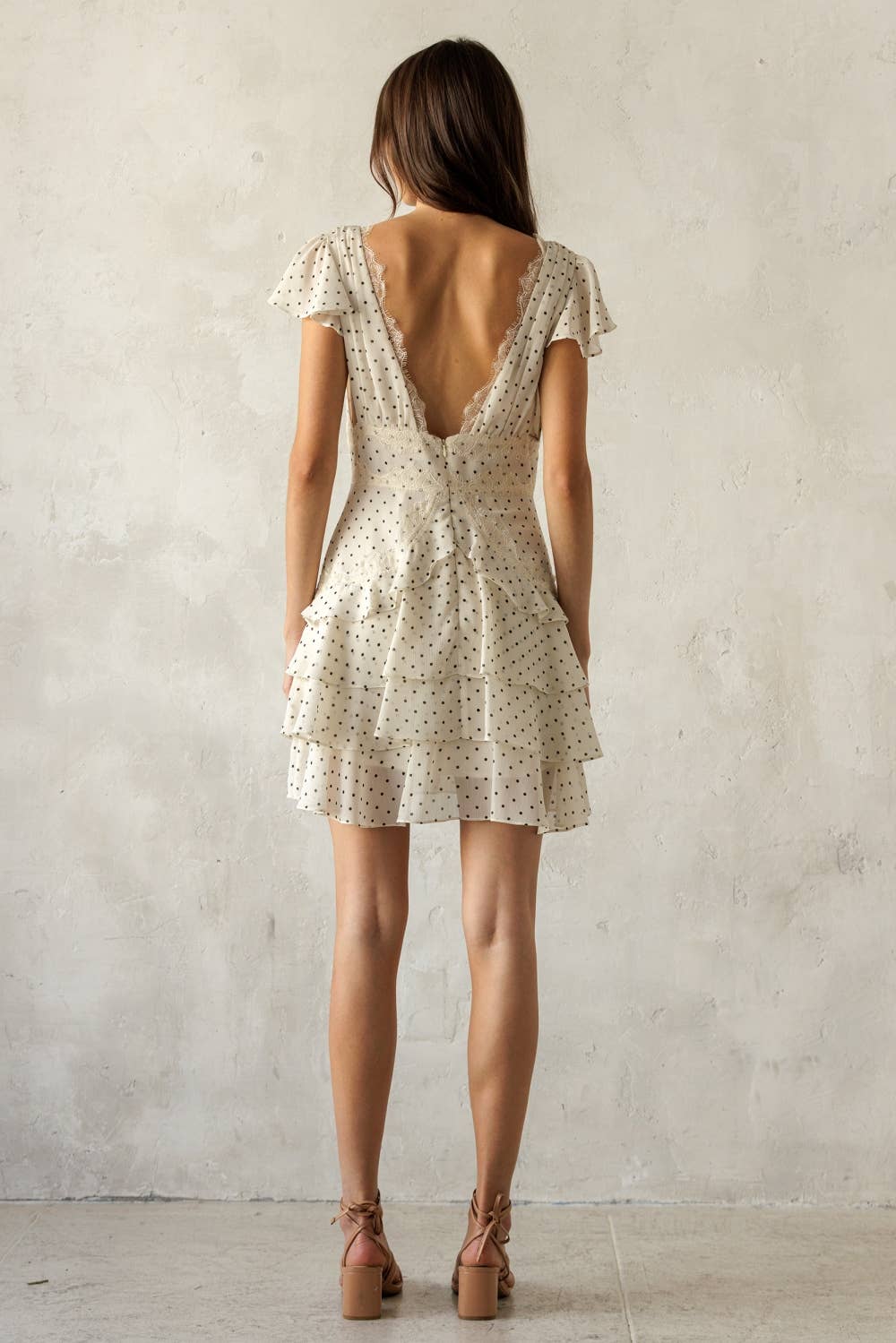 JD7934B-1- POLKA DOT LACE TRIM TIERED MINI DRESS