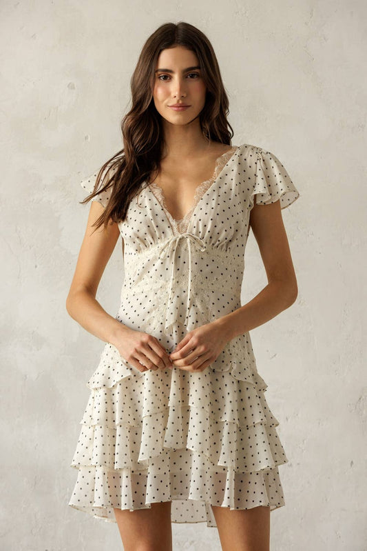 JD7934B-1- POLKA DOT LACE TRIM TIERED MINI DRESS