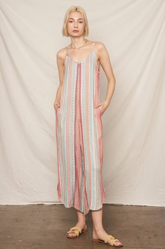 Multi Color Stripe Textured Sleeveless Jumpsuit
