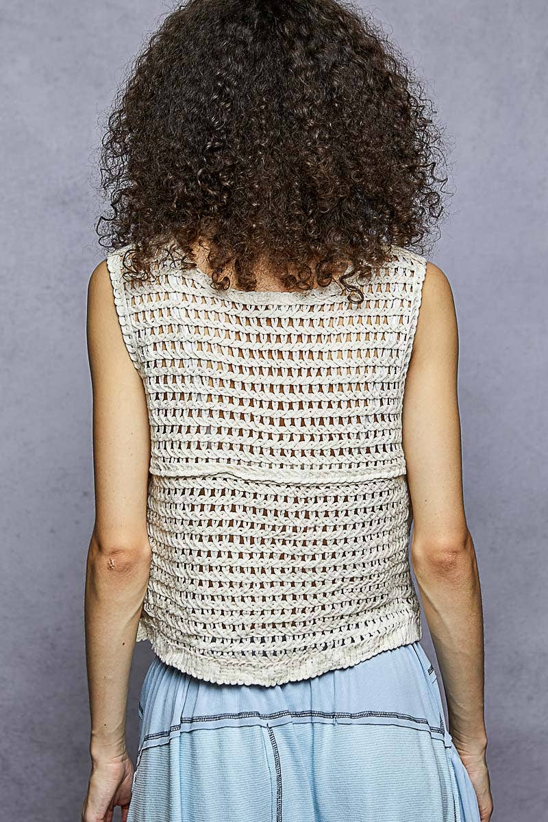 Floral Embroidery Front Button Closure Crochet Vest Top