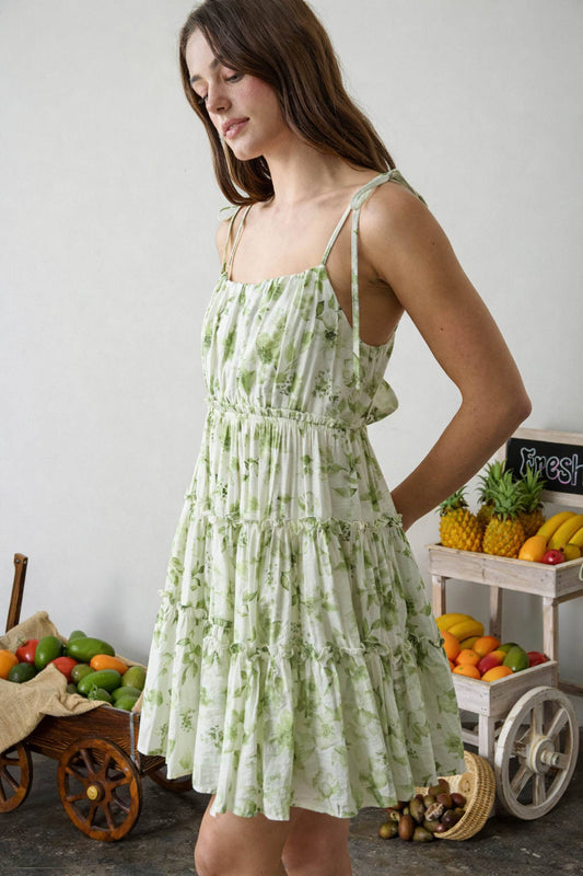 FLORAL SPAGHETTI STRAP BACK TIE TIERED MINI DRESS