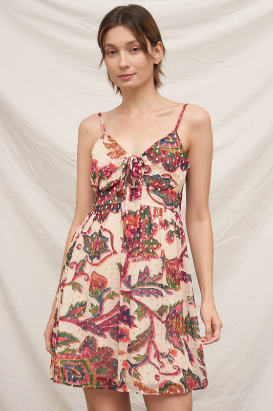 Printed Sleeveless Mini Dress with Lurex Dots