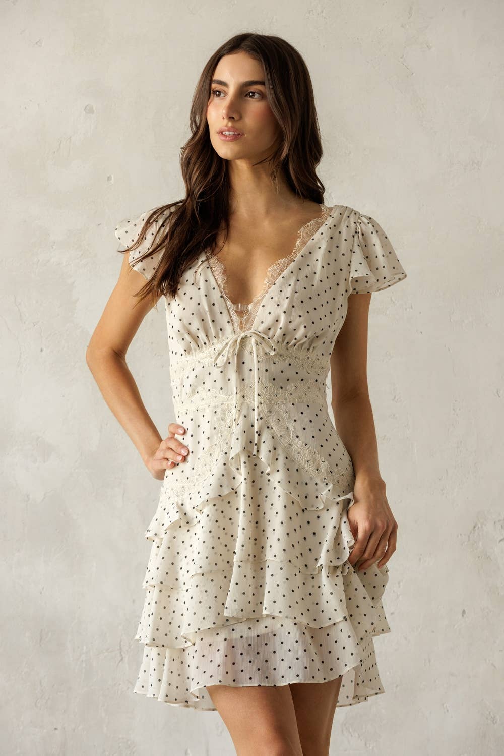 JD7934B-1- POLKA DOT LACE TRIM TIERED MINI DRESS