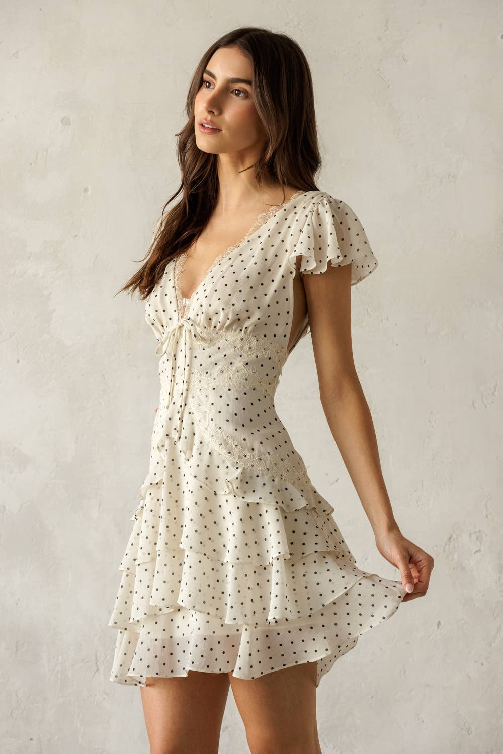 JD7934B-1- POLKA DOT LACE TRIM TIERED MINI DRESS