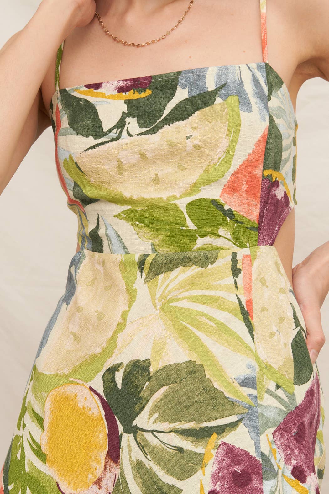 Tropical Fruit Print Sleeveless Midi Dress with Tie-Back