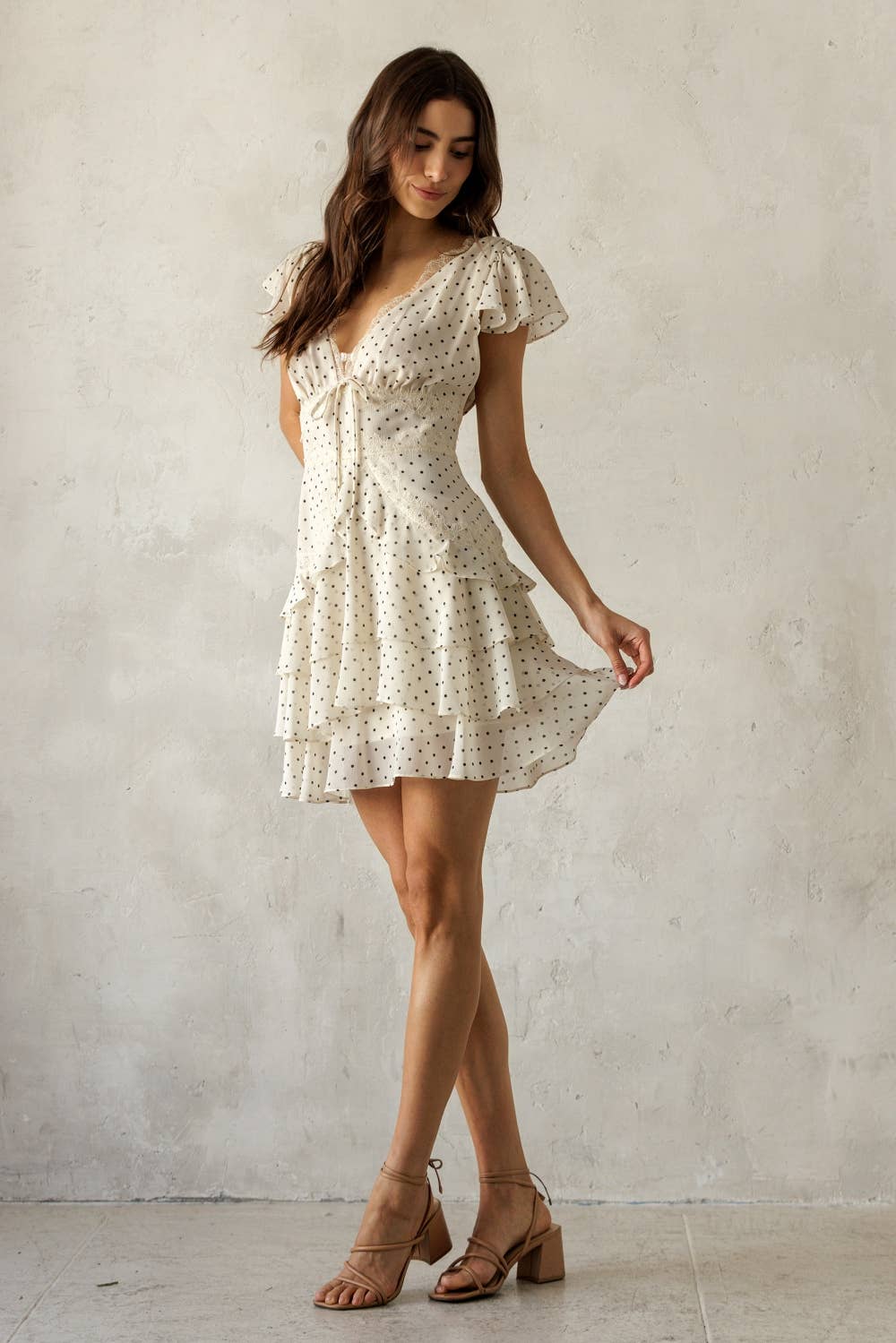 JD7934B-1- POLKA DOT LACE TRIM TIERED MINI DRESS