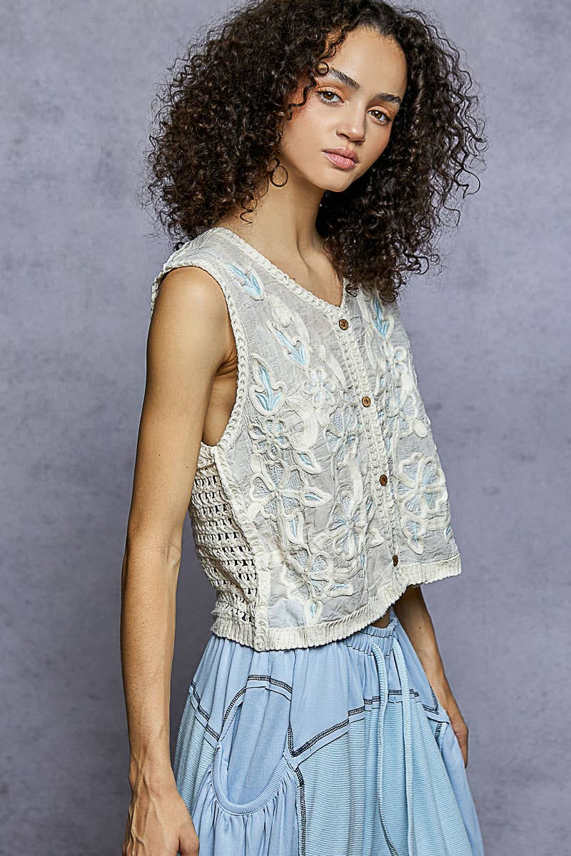 Floral Embroidery Front Button Closure Crochet Vest Top