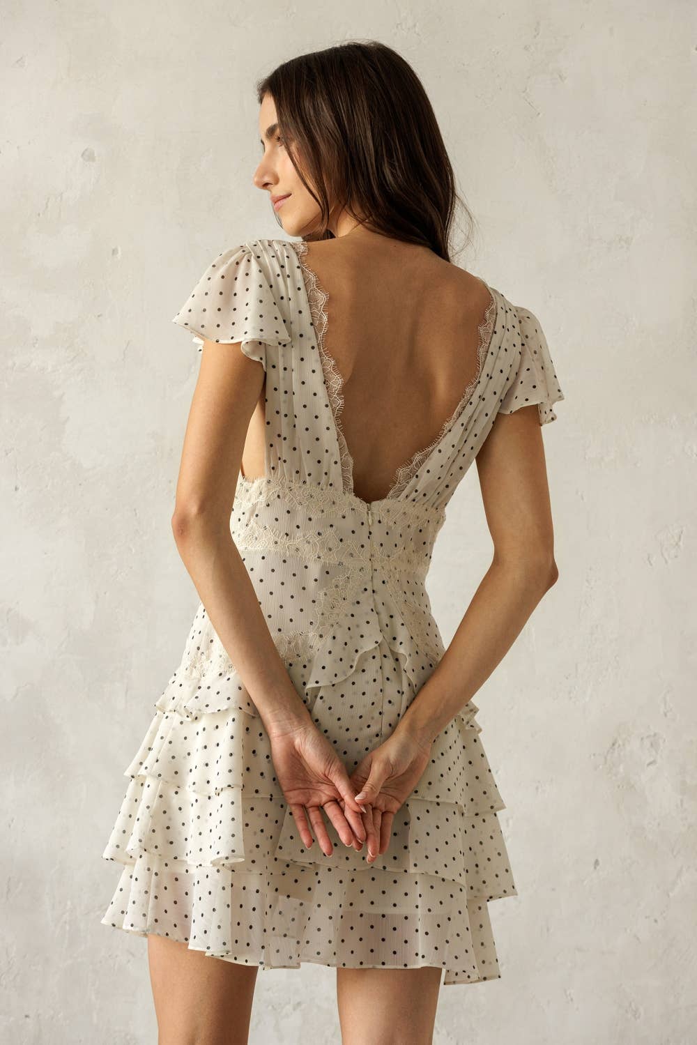 JD7934B-1- POLKA DOT LACE TRIM TIERED MINI DRESS